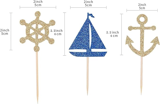24 Pcs Nautical Theme Glitter Cupcake Picks Cupcake Toppers Food Fruit Picks for Decoration Party Favors