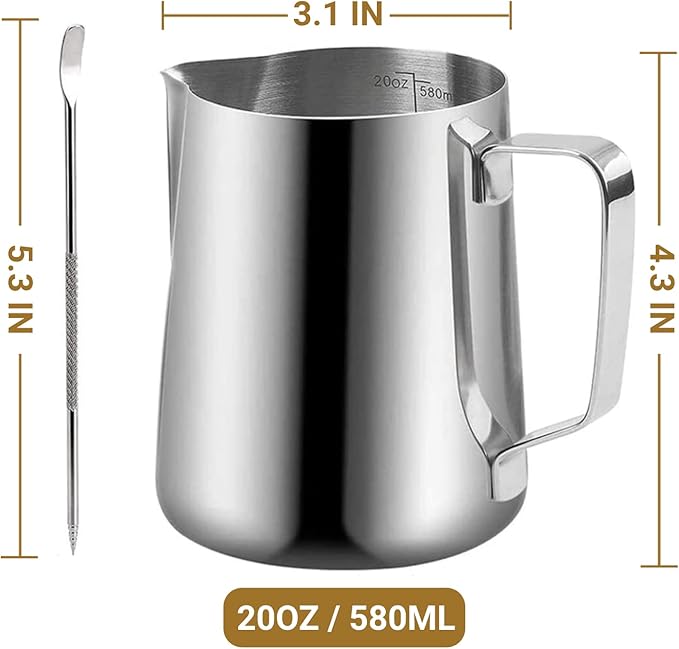 Milk Frothing Pitcher, 350ml/600ml (12oz/20oz) Milk Frother Cup Stainless Steel Jug Steaming Pitcher, Milk Coffee Cappuccino Latte Art Barista Steam Pitchers Milk Jug Cup with Decorating Pen