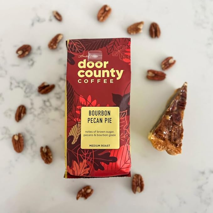 Door County Bourbon Pecan Pie Ground Coffee - 8oz Bag - Medium Roast - Fall Seasonal - 100% Arabica - Brown Sugar, Sweet Cream Butter, Pecans & Bourbon