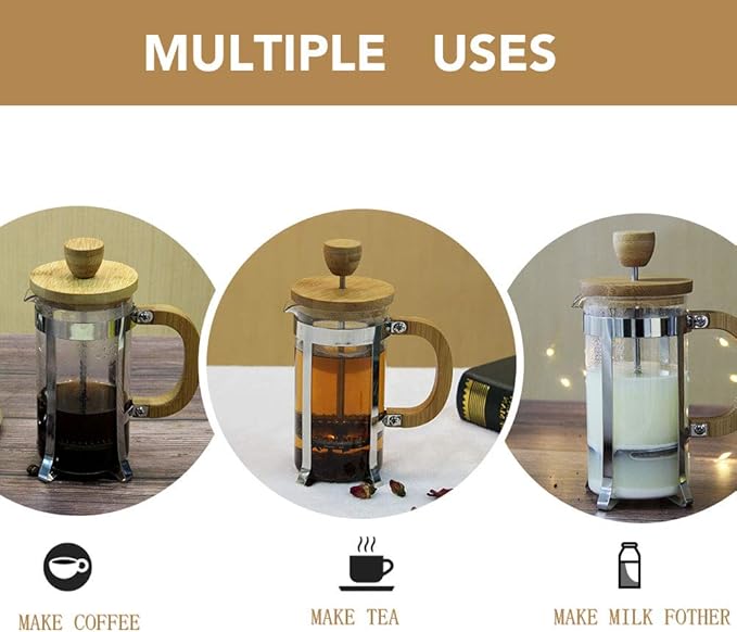 Sivaphe 12 oz French Press Coffee/Tea Maker Single Cup Espresso Press Stainless Steel Filter 0.35L High Borosilicate Carafe Durable Bamboo Handle Small Coffee Maker