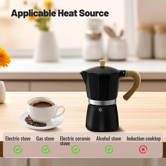 3 Cup Aluminum Moka Pot Classic Stovetop Espresso Coffee Maker 150ml 5oz Coffeemaker Percolator Mocha Pot Greca Coffee Maker Cafe Makers for Italian and Cuban Cafì±?Brewing Black