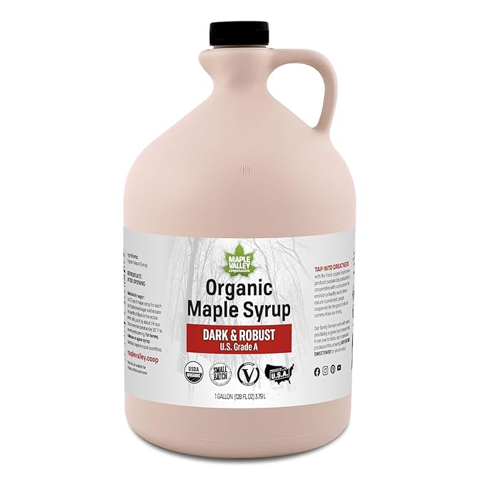 Maple Valley Organic Pure Maple Syrup, Dark & Robust Better Than Pancake Syrup, Use for Coffee or All-Natural Sugar Substitute in Cooking and Baking (128oz Plastic Jug)