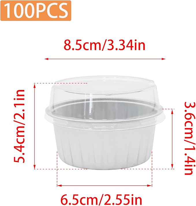 100 Pack 4.2oz Aluminum Cups with Lids Mini Flan Containers with Lids Cupcake Baking Cups, Silver