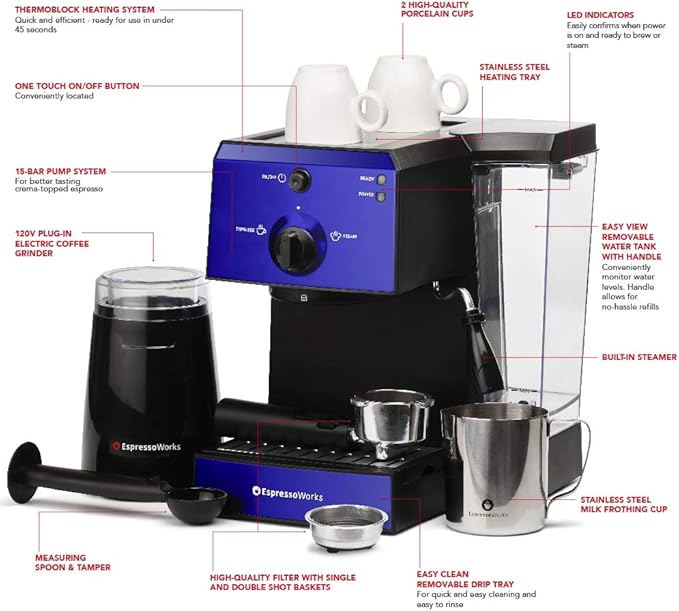 EspressoWorks All-In-One Espresso Machine with Milk Frother 7-Piece Set - Latte Maker Includes Grinder, Frothing Pitcher, Cups, Spoon and Tamper - Coffee Gifts (Blue)