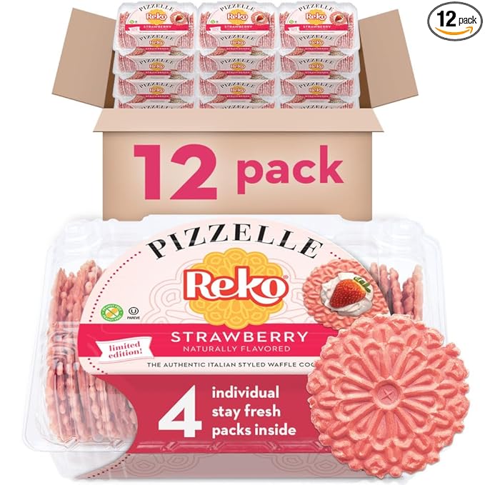 Reko Pizzelle Authentic Italian Style Waffle Cookie, Strawberry, 7 Ounce (Pack of 12)