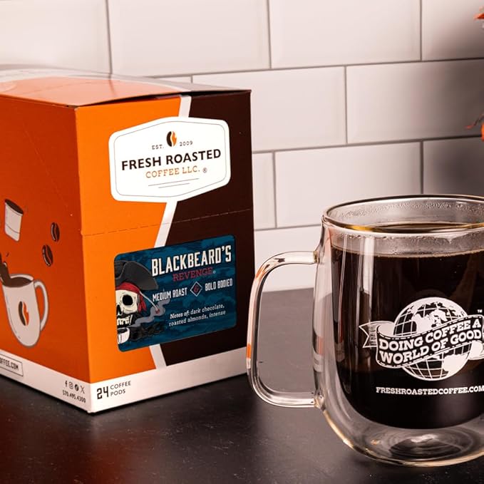 Fresh Roasted Coffee, Blackbeard's Revenge, Medium Roast, 72 Pods for K Cup Brewers