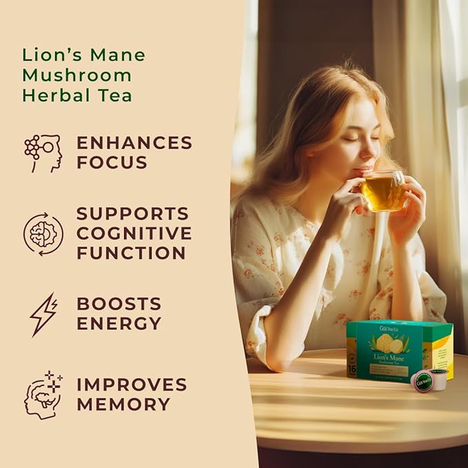 Gya Tea Co Lion's Mane Mushroom Tea Gift Set (16 ct) - Decaf Tea Pod for Nourish & Wellness