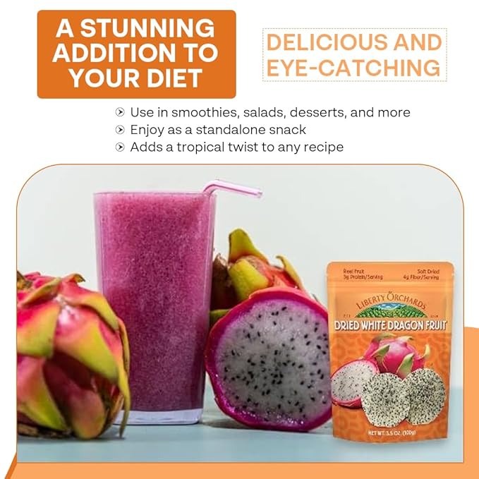 Liberty Orchard Organic Dried White Dragon Fruit with fiber - Ideal for Recipes or a Nutritious fruit for Busy Lifestyle- Nutrient-Rich Dried Fruit with Vitamin C, Antioxidants & Fiber- 4 Pack