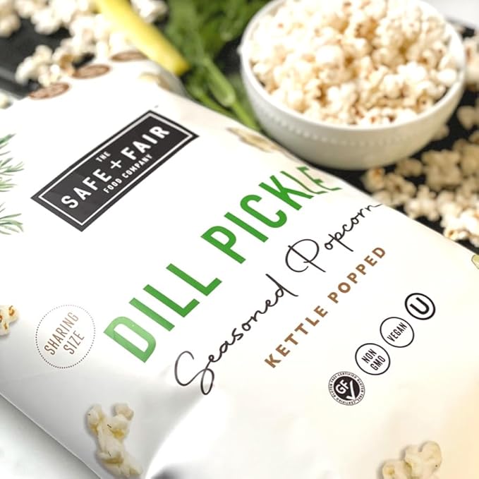 Safe + Fair Plant Based Gourmet Dill Pickle Seasoned Popcorn - Dill Pickle Seasoned Popcorn Non-GMO + Gluten Free + Vegan + Kosher Snacks (3 oz bag - 6 pack case)