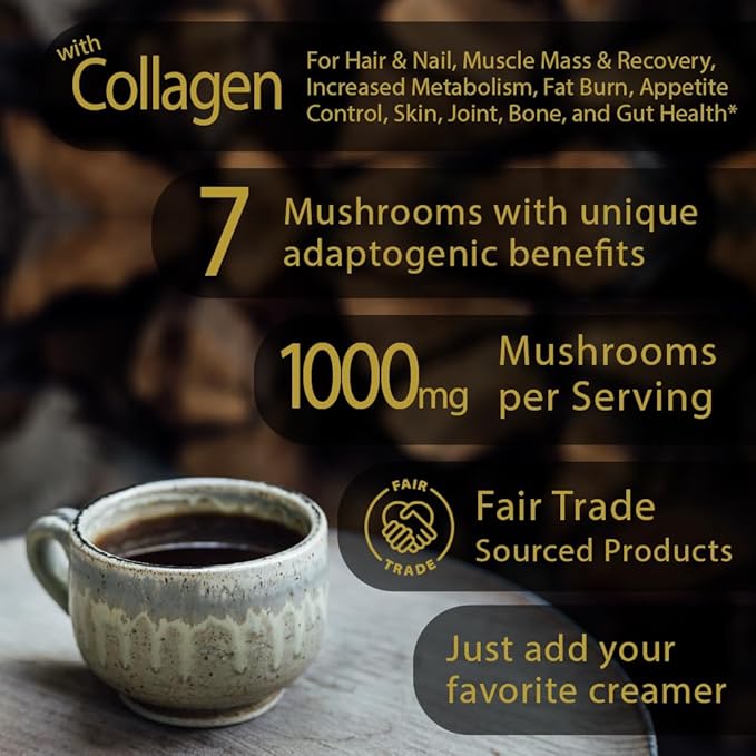 Original Organic mushroom Instant Coffee - 10 x 9g Packets - Healthy Coffee alternative and Substitute - With Dynamine, Collagen, Lions Mane and Antioxidant