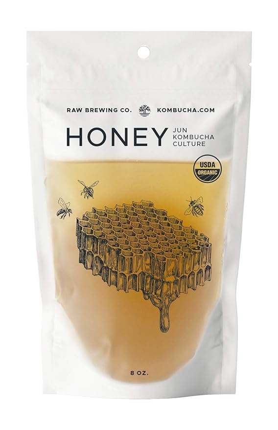 Raw Brewing Company Kombucha.com Certified Organic JUN Kombucha Scoby (Honey) + SUPER STRONG starter liquid. 8 oz. Makes 1/2 or 1 Gallon. Includes FREE Kombucha.com Organic Mixed Tea Blend Sample.