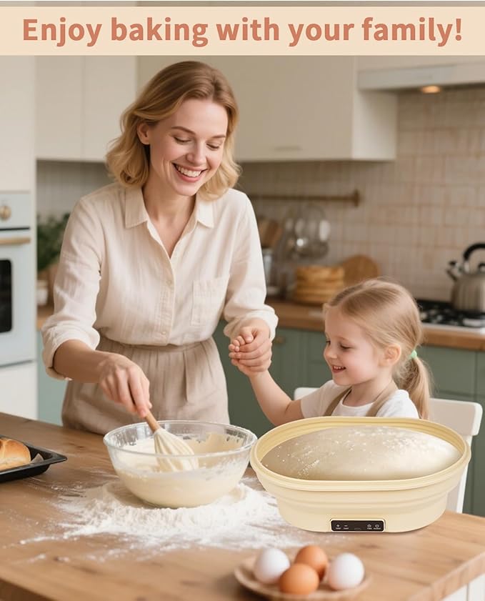 4L Heating Bread Proofing Basket Set Foldable Thermostatic Silicone Bowl with 77-122??6 Gears Temperature & 6H Timer, for Artisan Baking Sourdough Starter Bread Making Supplies Tools Kit