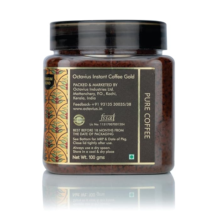 Octavius Gold Instant Coffee – Indian Medium-Dark Roast, 100% South India Beans | Smooth & Balanced Ground Coffee | Rich Aroma & Bold Flavor | 3.5 oz (100g) Jar