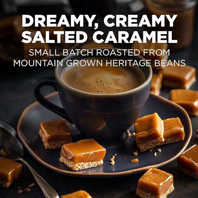 Maud's Salted Caramel Flavored Coffee Pods, 18 ct, Medium Roast Flavored Coffee in Recyclable Single Serve Pods – 100% Arabica Beans, Compatible with Keurig K Cups Maker