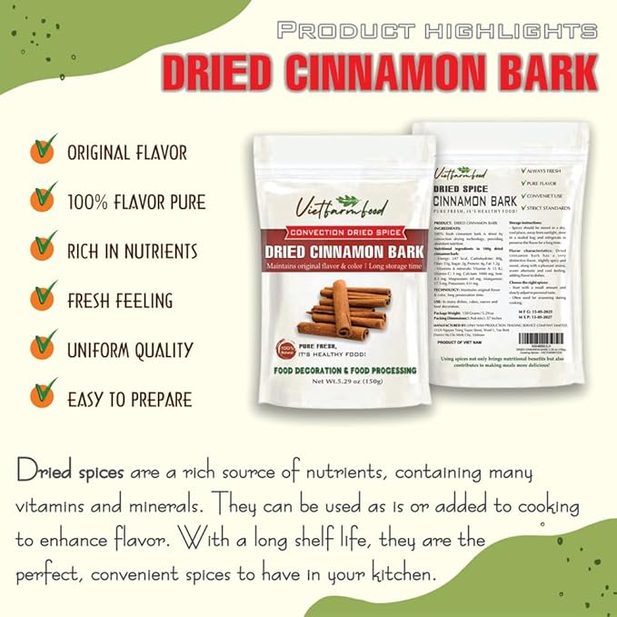 DRIED CINNAMON BARK 5.29 Oz (150g) VIETFARMFOOD: Natural pure, convection dried seasoning made from real vegetable, fruit - perfect for adding flavor to any meal, cooking, baking, salad, soup, sauce