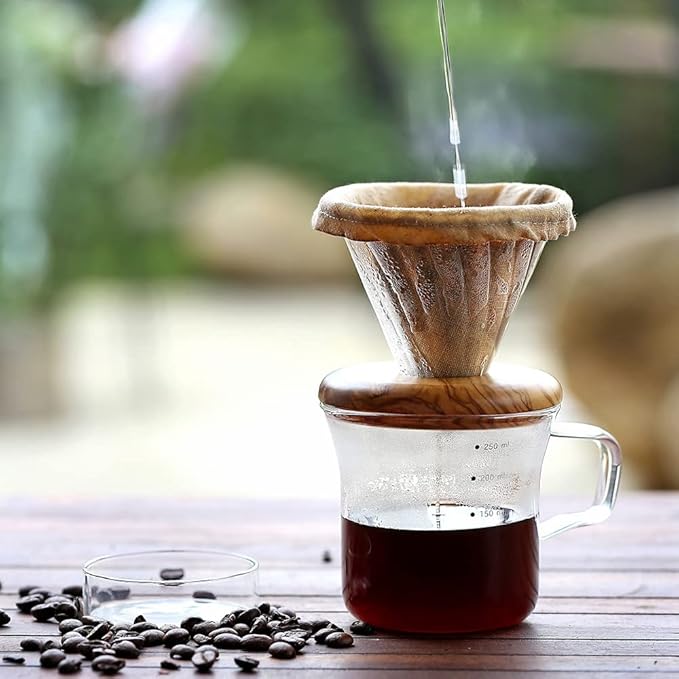 ATHIA Glass Pour Over Coffee Maker Set, Glass Cone Dripper, Reusable Cloth Filter, Minimal Single Cup on the Go,Walnut wood_dark color