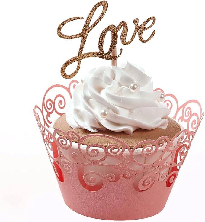 Cupcake Wrappers, KPOSIYA 50 Pack Cupcake Wraps Filigree Artistic Bake Cake Paper Cup Little Vine Laser Cut Liner Baking Cups Muffin Case Trays for Wedding Party Birthday Decoration (50, Pink)