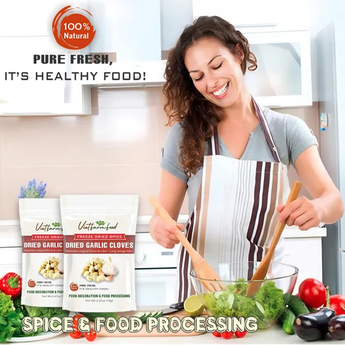 DRIED GARLIC CLOVES 2.47 Oz (70g) VIETFARMFOOD: Pure, natural freeze-dried spice made from real vegetables and fruits - perfect for enhancing every meal, from cooking, baking, salads, soups, sauces