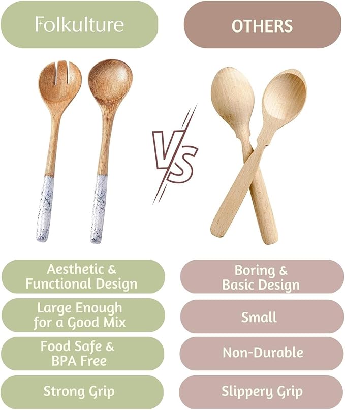 Folkulture Salad Servers or Salad Tongs, Wooden Utensils for Serving Salad, 12-inch Spoon and Fork Set, Mango Wood, Blue Servers