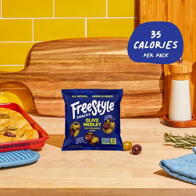 Freestyle Snacks Olive Medley Snack Packs - Bulk Party Pack - Fresh Pitted Olives, Jumbo-Sized, Grown in Greece, All Natural, Non-GMO, Sugar-Free - Mediterranean Herb, 1.1oz Single Serves, 120-Pack