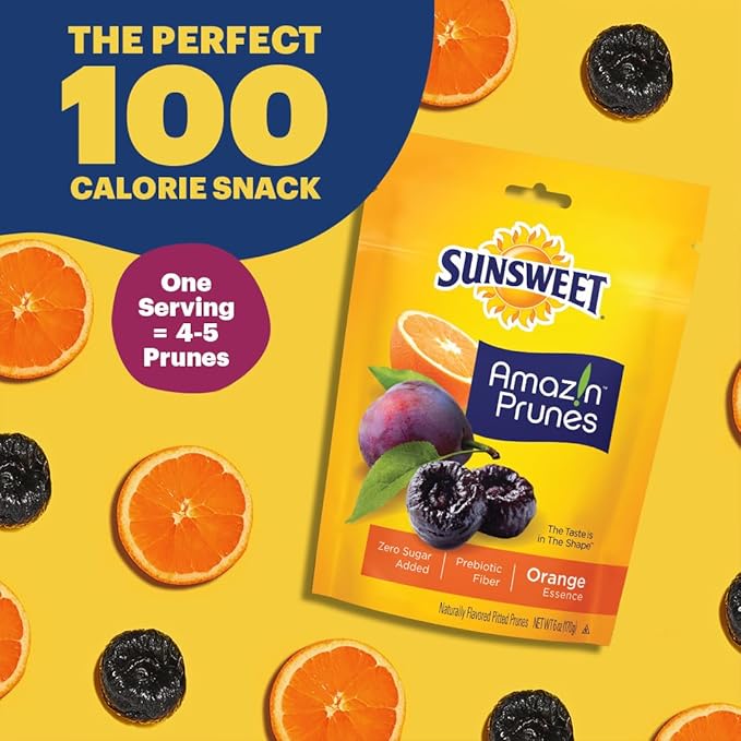 Sunsweet Amazin' Prunes Orange Essence - Prunes Pitted Unsweetened & Dried - Gluten Free, Vegan, Low Fat - Fiber & Minerals - 6 oz pouch - 6 Pack
