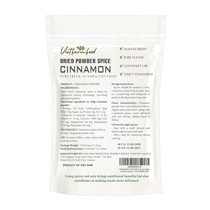 CINNAMON BARK POWDER 5.29 Oz (150g) VIETFARMFOOD: Natural pure, convection dried seasoning made from real vegetables - perfect for adding flavor to any meal, from cooking, baking, salad, soups, sauces