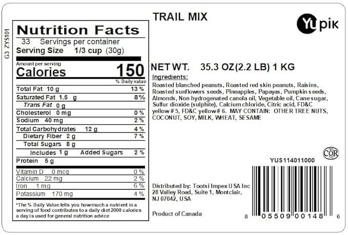 Yupik Trail Mix, 2.2 lb (35.2 oz), A Blend of Peanuts, Raisins, Sunflower Seeds, Pineapples, Papaya, Raisins, Pumpkin Seeds & Almonds, Kosher, Vegan, Perfect for Snacking, Baking & Nutrition Bars