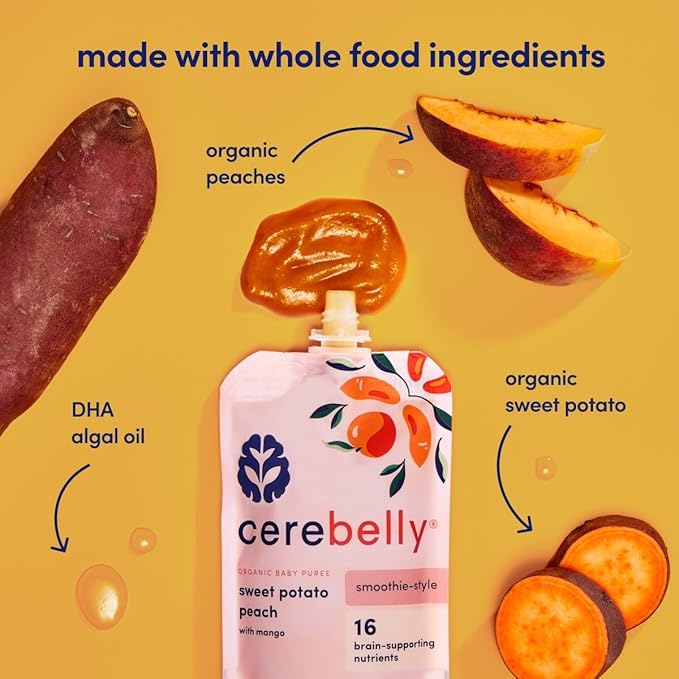 Cerebelly Organic Baby Food Pouches ??Dairy Free Smoothies for Toddlers | No Added Sugar, Fiber, Non-GMO | Toddler Smoothie Pouches | 4oz BPA-Free Baby Food | Sweet Potato Peach | 12 Count