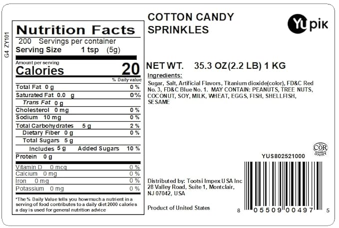 Yupik Cotton Candy Flavored Sprinkles, 2.2 lb (35.2 oz), Low Sugar, Kosher, Cholesterol-Free, Fat-Free, Perfect for Baking and Decorating Ice Cream, Cakes, Cookies, Cupcakes, and Donuts