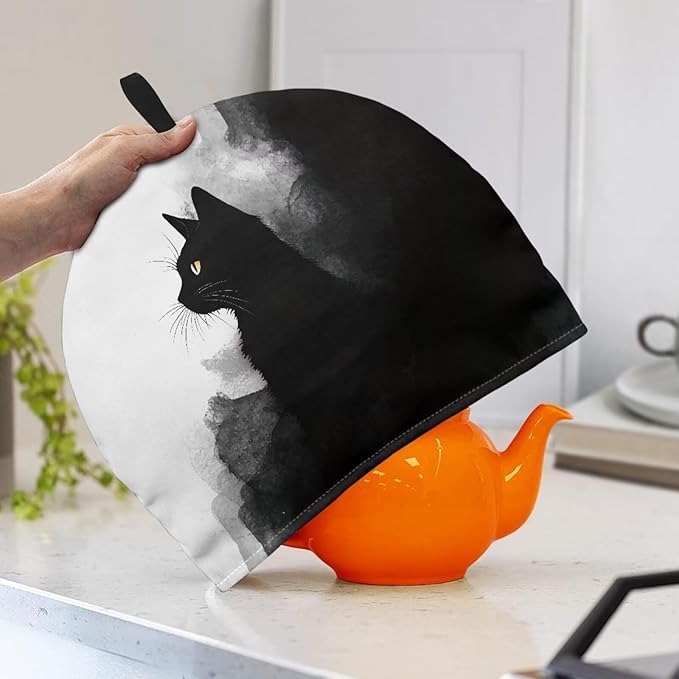 Ink Painting Cat Tea Cozy for Teapot Dome Teapot Cover with Handle Dust Cover Kitchen Kettle Dust Cover Can Hung and Folded Decorative Kitchen for Holiday 竊뉰lack竊?"<div>