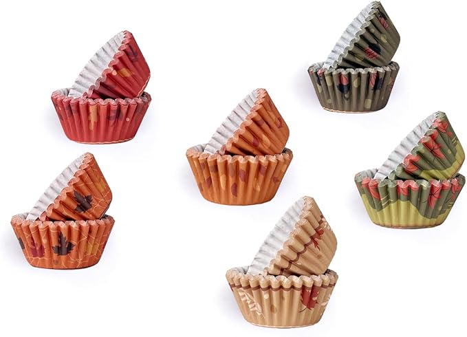 qiqee Thanksgiving 300PCS Mini Cupcake Liners Cupcake Cups 6 Designs Thanksgiving Turkey Cupcake Papers Baking Cups Cupcake Wrappers (Small Size)