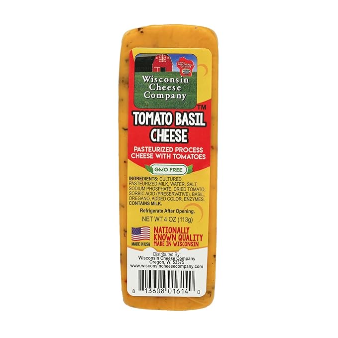 Wisconsin Cheese Company - Specialty Wisconsin Cheese & Cracker Gift Box - 100% Wisconsin Gouda, Smoked Cheddar, Salami, Tomato Basil Cheddar, Swiss (Pack of 5 Blocks) | Perfect for Parties, Charcuterie Boards and Birthdays