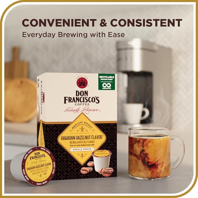 Don Francisco's Hawaiian Hazelnut Flavored Coffee - 24 K-Cup Compatible Single-Serve Pods - 100% Arabica with Coconut Hint - Recyclable through TerraCycle - Compatible with Keurig Brewers
