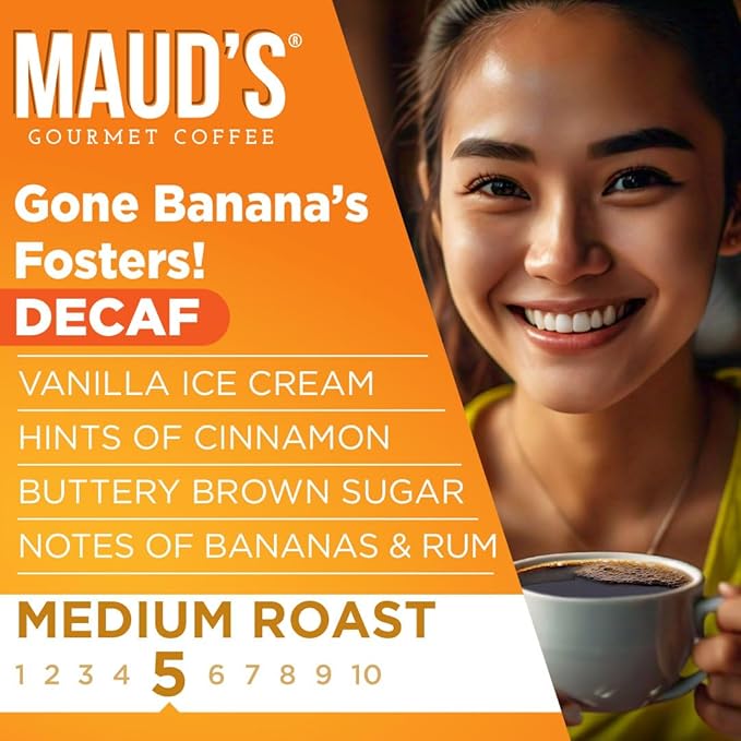 Maud's Decaf Banana Flavored Coffee Pods, 18 ct, Decaffeinated Medium Roast Flavored Coffee in Recyclable Single Serve Pods – 100% Arabica Beans, Compatible with Keurig K Cups Maker