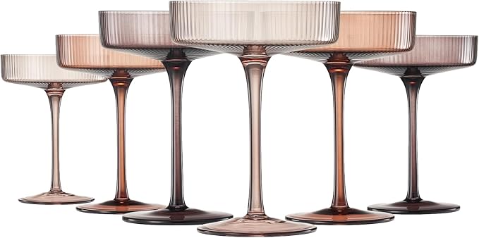 Khen Venus Colors 6 Pcs Ribbed Coupe Glasses, 10 oz Vintage Coupe Glass Set, Unique Martini Glass, Classic Cocktail Galssware, Bar Drinking Glasses Set Perfect for Cocktail, Wine, Champagne & Gift