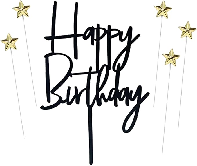 ZHENGYE Set of 1 Black Acrylic Happy birthday Cake Topper And 5 pcs glod Star Cupcake Topper Cake Decoration Supplies for Baby Shower Birthday Decorations(Black 15)