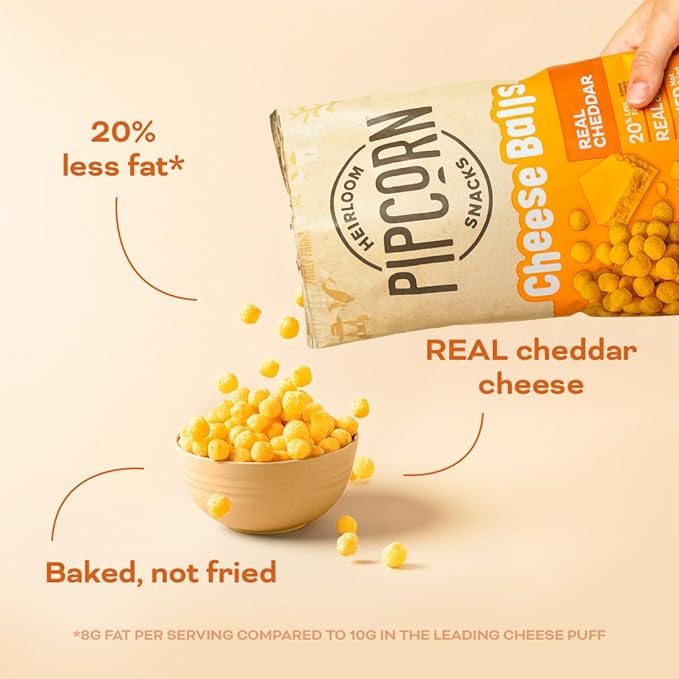 Heirloom Cheddar Cheese Balls by Pipcorn - 4.5oz 6 Pack - Gluten Free, Non-GMO Heirloom Corn, Organic Cheese, Non-Artificial, Preservative Free Snack