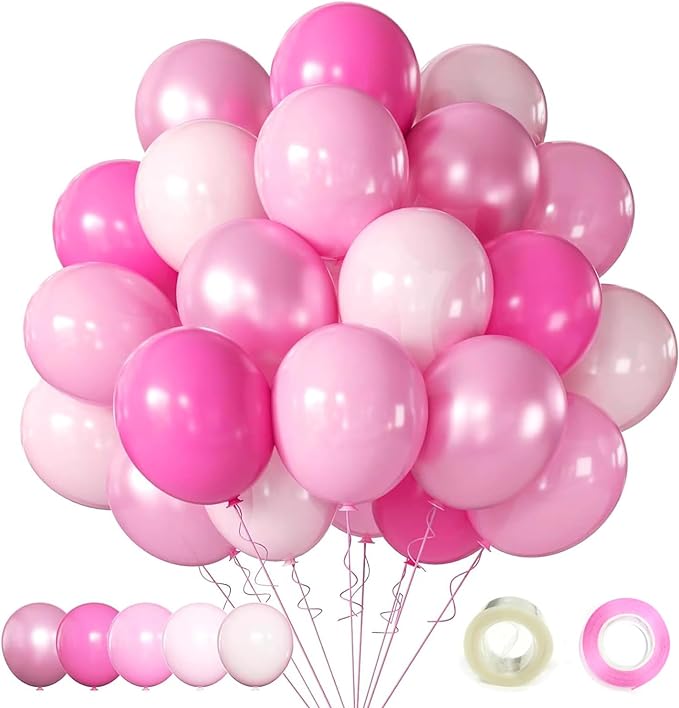 Pink Balloons Metallic Pink Balloon, 60Pcs 12Inch Chrome Deep Light Pearl Hot Pink Latex Balloons for Birthday Wedding Baby Shower Party Decoration