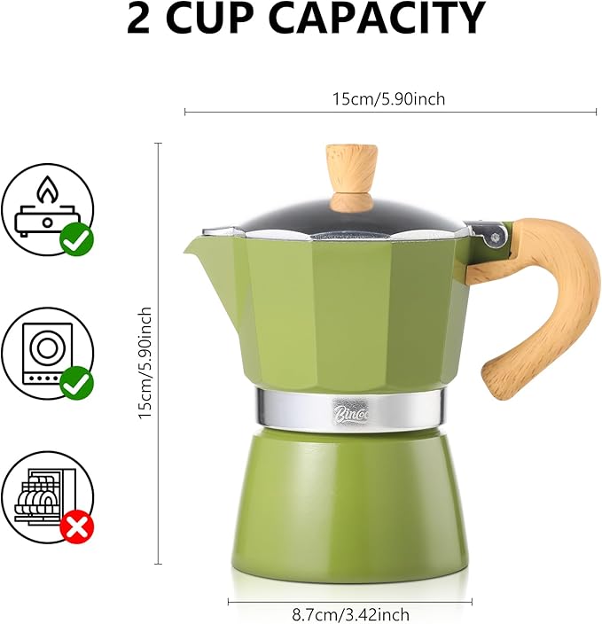 Bincoo Espresso Maker Stovetop - Small Camping Moka Pot 1-2 Espresso Cup/120ML,Stove Top Espresso Pot Italian Coffee Maker,Easy to Use (Green)