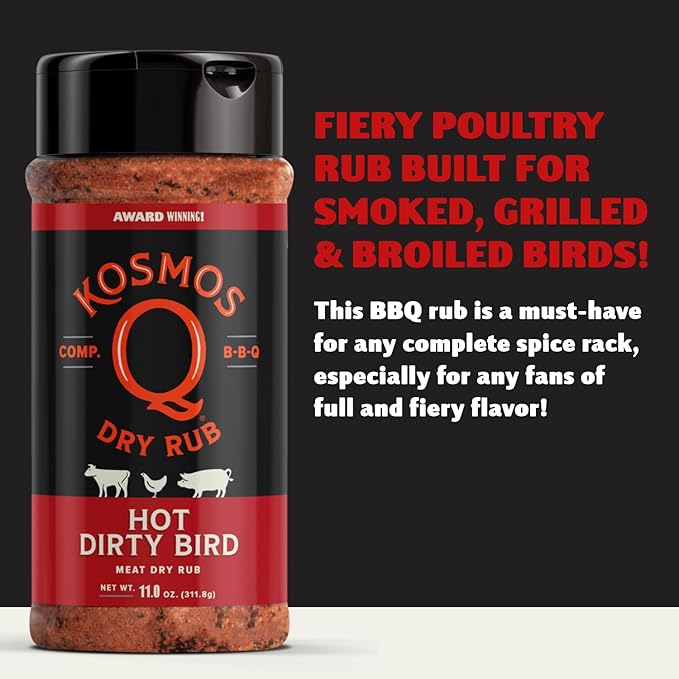 Kosmos Q Hot Dirty Bird BBQ Dry Rub, Spicy Seasoning with Chili Pepper, Brown Sugar, Garlic & Onion for Chicken, Turkey, Ribs, Pork, Dry Rub for Smoking & Grilling Meat, BBQ Spice Blend, 11 Oz Bottle