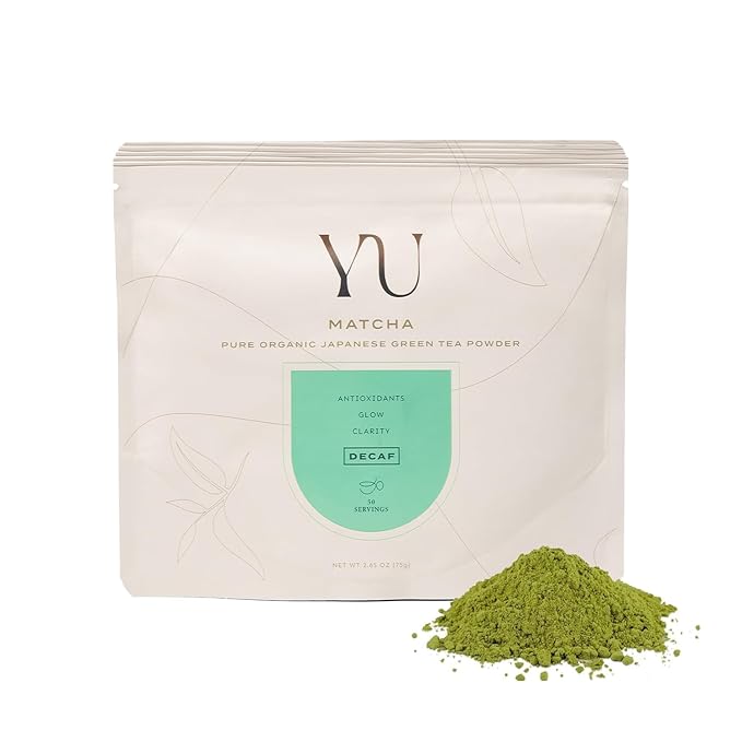 Yu Tea Organic Decaf Matcha Powder Ceremonial Grade | Rich in Antioxidants & L-Theanine, Low Caffeine | Unsweetened Grade A Japanese Green Tea Powder | Resealable Pouch, 2.65 oz, 50 Servings