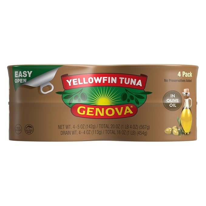 Genova Premium Yellowfin Tuna in Olive Oil, 4 - 5 Ounce Cans (Pack of 6), Wild Caught Canned Tuna, Solid Light