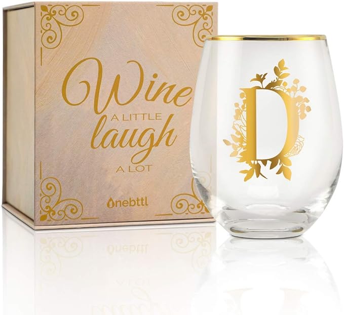 Onebttl Unique Stemless Wine Glasses, Initial Wine Cup for Red or White Wine - 18oz, Monogrammed, Gold - for Women, Girls, Female, Her, Friends, Coworkers, Clients - for Birthday, Christmas