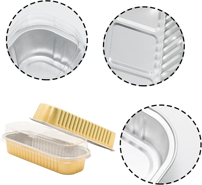 100 Pack 6.8oz Aluminum Cake Pans with Lids Rectangle Mini Loaf Pans Baking Cups Disposable Cupcake Baking Tins with 100 Pcs Plastic Spoons, Gold