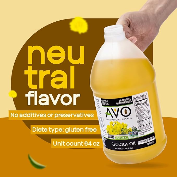 AVO ORGANIC CANOLA Oil Frying, Baking, Non-stick Saut챕ing, Salads, Vinaigrette, Marinades, Pan Coating, General Cooking 64 Fl-oz (Half a Gallon), NO preservatives added, Naturally Processed