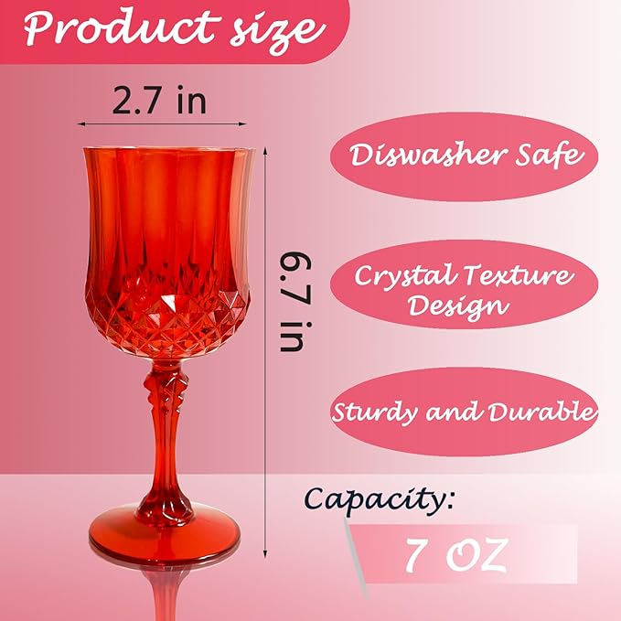 Plastic Wine Glasses,Plastic Goblets Vintage Style Cordial Drinking Glasses for Wedding Reception, Christmas Grand Event Party Supplies (12, Red)