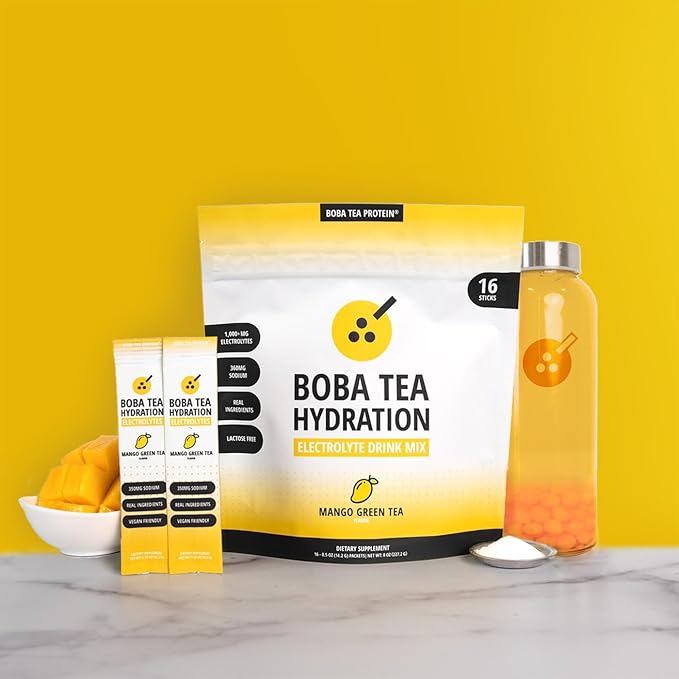 Boba Tea Hydration | Electrolyte Powder Drink Mix | Mango Green Tea | 1000mg Electrolytes, Vitamin C | 16 Stick Packets