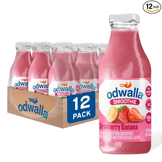 Odwalla Strawberry Banana Smoothie - Fruit Smoothie Mix Ready to Drink - Juice Blend, No Added Sugar, No preservatives, Kosher 13.9 oz Glass Bottles (12 Pack)