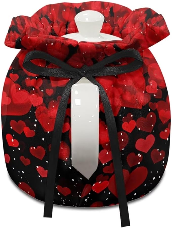 Red Glitter Love Heart Print Tea Pot Cozies Double-Sided Valentine Drawstring Teapot Dust Cover Insulation Warmth Breakfast Pot Holder Washable Reusable Table Decoration