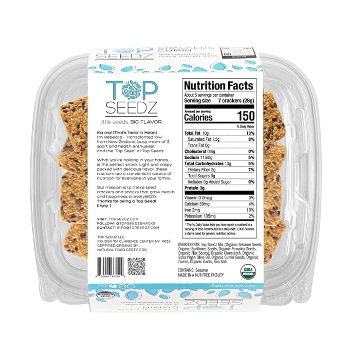 Top Seedz Certified Organic Gluten Free Cumin Seed Crackers | 6-Pack | 5 Ounces | Healthy Vegan Crackers with Plant Based Protein | Made of Sunflower, Flax, Sesame and Pumpkin Seed